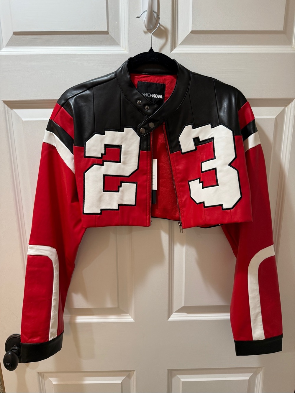 Fashion Nova Red, Black & White Cropped Varsity Jacket with '23' Patch